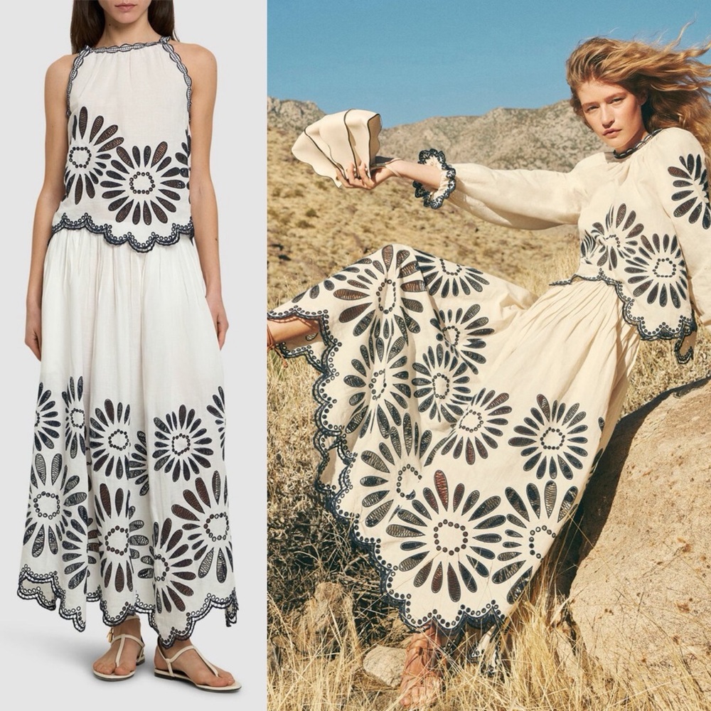NWT SET Ulla Johnson Jolie Top Annisa Skirt Embroidered Linen Porcelain Size XS